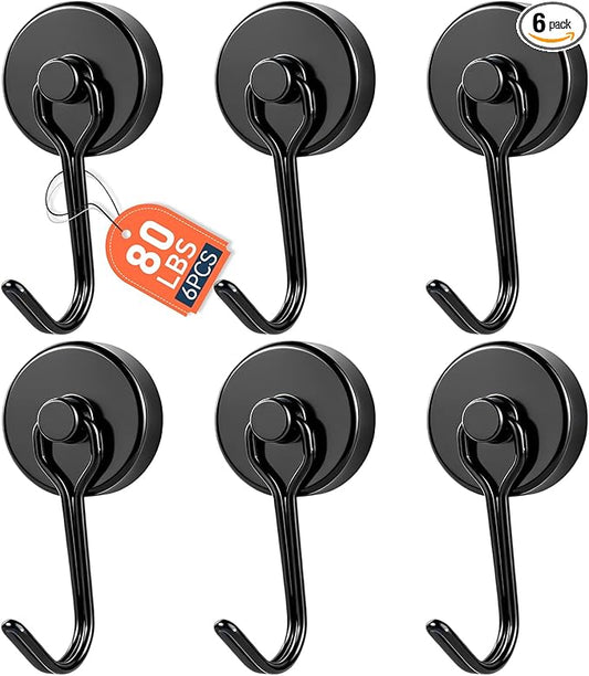 E BAVITE Magnetic Hooks, 80lbs+ Magnet Hook 2026 Cruise Cabin Ship Essentials Heavy Duty Strong Magnets Refrigerator Fridge Hanging for Classroom Beach Vacation Kitchen Grills Home 6pcs (Black)