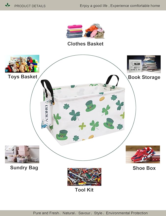 Rectangular Folding Laundry Basket,waterproof Canvas Basket,gift basket,Suitable for children's room,Office,Clothes,Toys Storage(Lucky Clover)