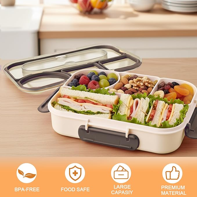 Bento Box for Adults,4 Compartments Lunch Box, Snack Containers Reusable Lunch Containers Drop-Proof, Dishwasher Safe & Made with BPA-Free Materials, Beige