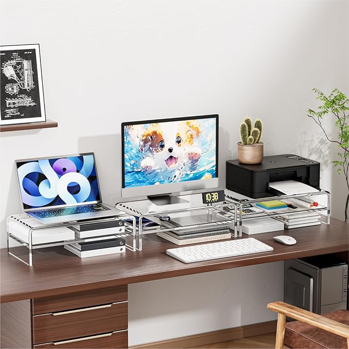 Acrylic Monitor Stand, 2-Tier Clear Monitor Riser Computer Stand for Office, Home, 5.12 Inches High PC Desk Stand for Keyboard Storage, Premium Platform for Laptop Printer TV Screen