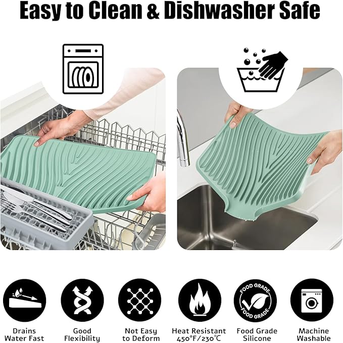 TIKNIK Dish Drying Mat, Stone Drying Mat for Kitchen Counter with Built-in Drain, Non-Slip Drying Matt Kitchen Counter, Heat Resistant Silicone Drying Mat, Dish Drying Pad, 2 Pcs (Mint 20" x 15")
