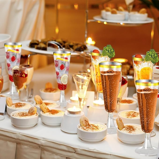 SUREHOME Champagne Flutes Plastic Champagne Glasses Disposable 100 Pack Gold Rim Mimosa Glasses Acrylic Wedding Toasting Cocktail Cups for Graduation Easter Birthday Party Supplies 2026 Decorations