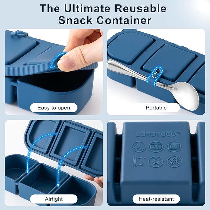 3 Pack Silicone Reusable Snack Containers with Lids - 3 Compartment Snackle Box for Kids & Adults, BPA-Free & Leakproof, Small for Dressing, Sauces, School, Office, Picnic (Blue, yellow, pink)