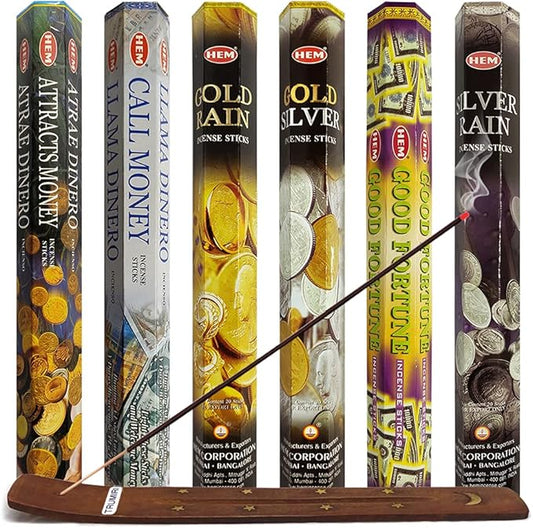 Hem Incense Sticks Variety Pack #29 and Incense Stick Holder Bundle with 6 Money and Good Luck Fragrances