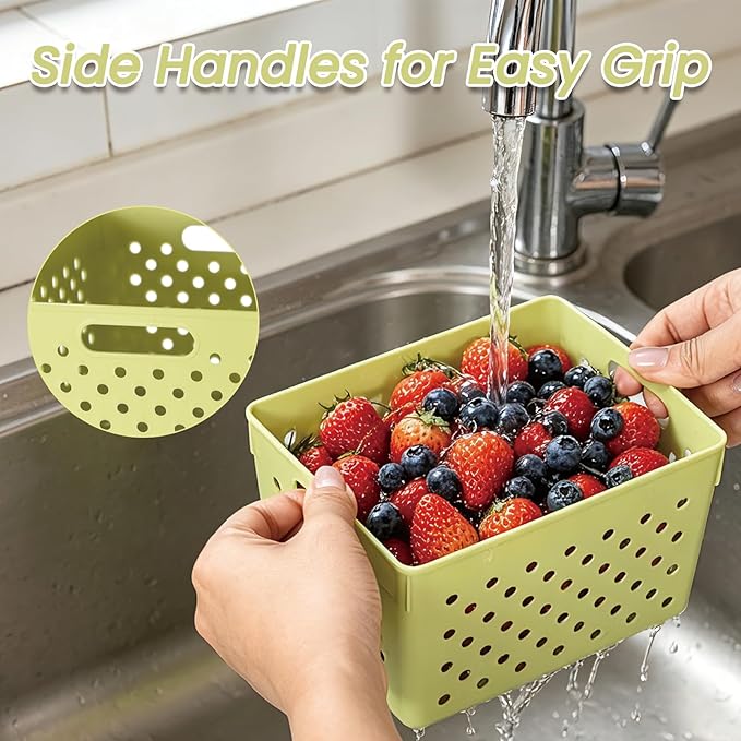 Set of 3 Fruit Storage Containers for Fridge with Removable Colander and Handle Lid, 4.6qt|2.5qt|1qt Dishwasher Microwave Safe, Keep Berry Fresh Longer (Light Green)
