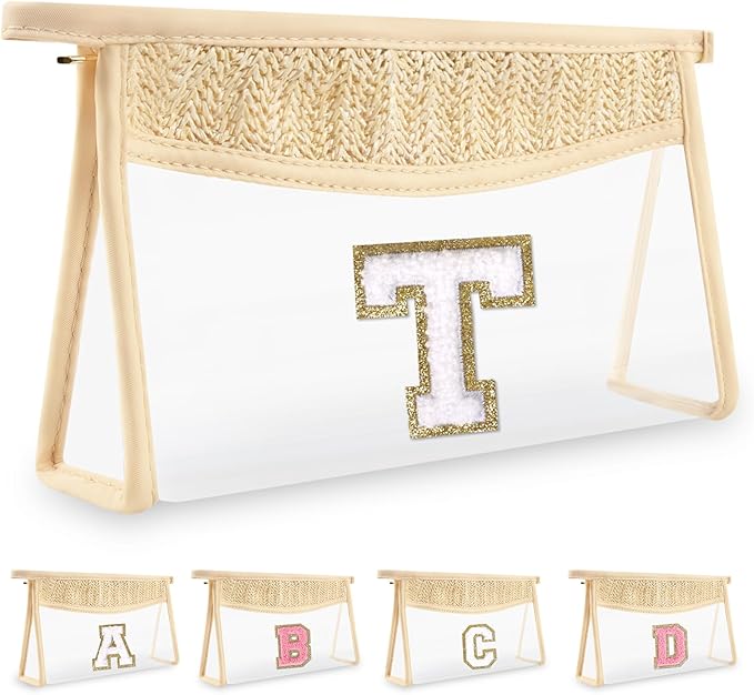 Personalized Initial Letter Bag Boho Straw Clear Makeup Bag, Small Cute Chenille Varsity Letter Bag With Zipper, Beach Travel Toiletry Bag, Portable Monogrammed Cosmetic Bag for Women Girls, T