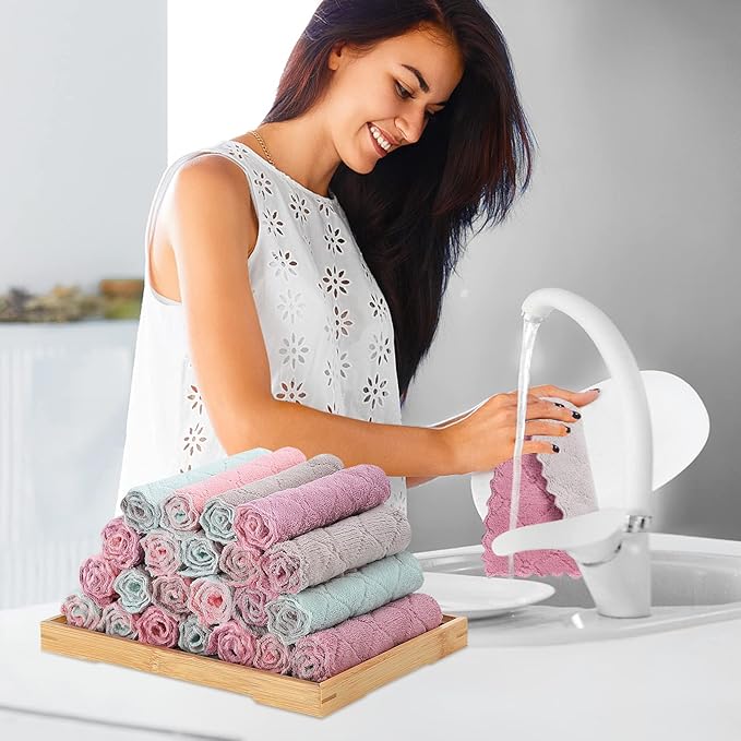 Rachan 11Pack Kitchen Dish Cloths, Reusable Dish Towels, Nonstick Oil Washable Fast Drying, Super Absorbent Coral Velvet Cleaning Cloths for Cleaning Tableware, Kitchen, Bathroom (Purple-grey10 x 6")