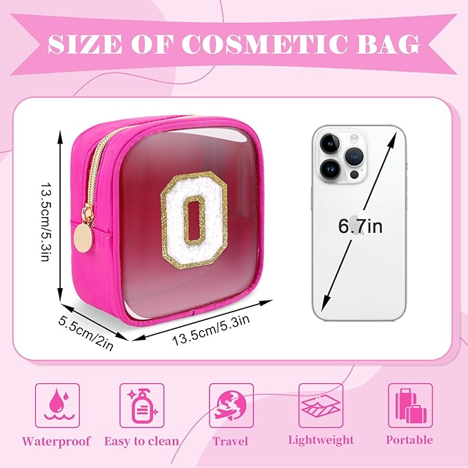 Personalized Initial Letter Clear Preppy Makeup Bag, Mini Nylon Chenille Letter Cosmetic Bag Cute Zipper Pouch Coin Purse for Teen Girls, Portable TSA Approved Travel Essentials Bag Gift for Women, O