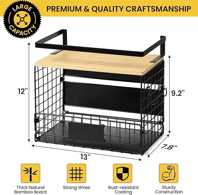 [WIDER SHELF] 2 SET Strong Magnetic Shelf Basket for Fridge with Tag & Bamboo Top, XXL Large Magnetic Spice Rack Shelves for Side of Refrigerator, Kitchen Pantry Storage Organizer for Food Fruit Veg