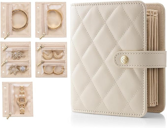 Vlando Small Jewelry Book Organizer - Leather Travel Jewelry Case with 5 Detachable Pages for Necklaces, Rings, Earrings, Tangle-Free, Giftable, Offwhite