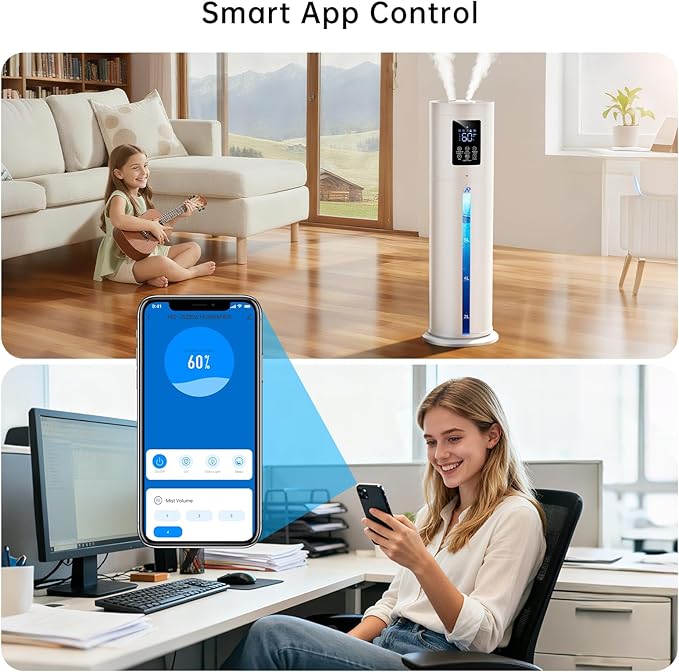 8L Smart Humidifier Large Room, Top Fill Humidifiers for Bedroom with Diffuser, 7 Color Lights, 16H Timer, Auto Mode, APP & Remote Control, 4 Levels Cool Mist Air Humidifier for Plants Home Office