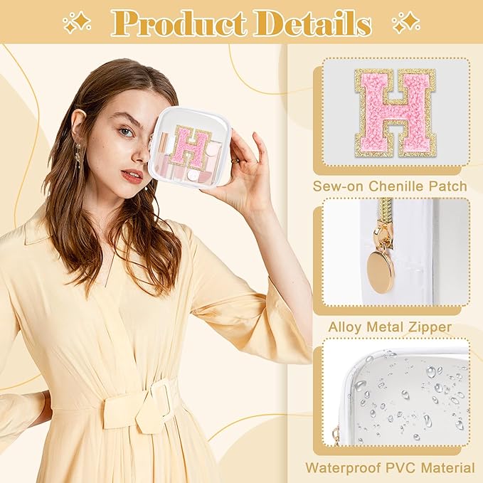 Personalized Initial Letter Clear Preppy Makeup Bag,Mini Nylon Chenille Letter Cosmetic Bag Cute Zipper Pouch Purse for Teen Girls,Portable TSA Approved Beach Travel Essentials Bag Gift for Women,H