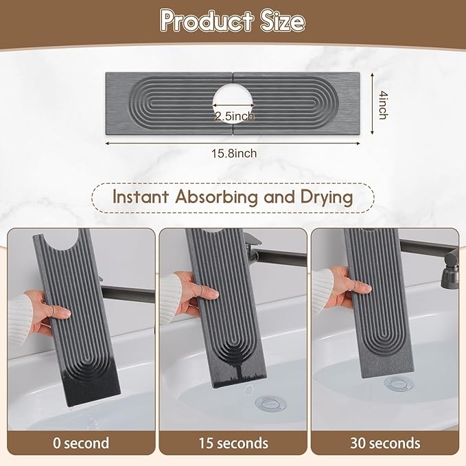 Faucet Mat for Kitchen Sink, Diatomite Quick Drying Tray, 15.8 Inch Kitchen Sink Splash Guard and Bathroom Stone Tray for Counter. Super Absorbent. Deep Grey.