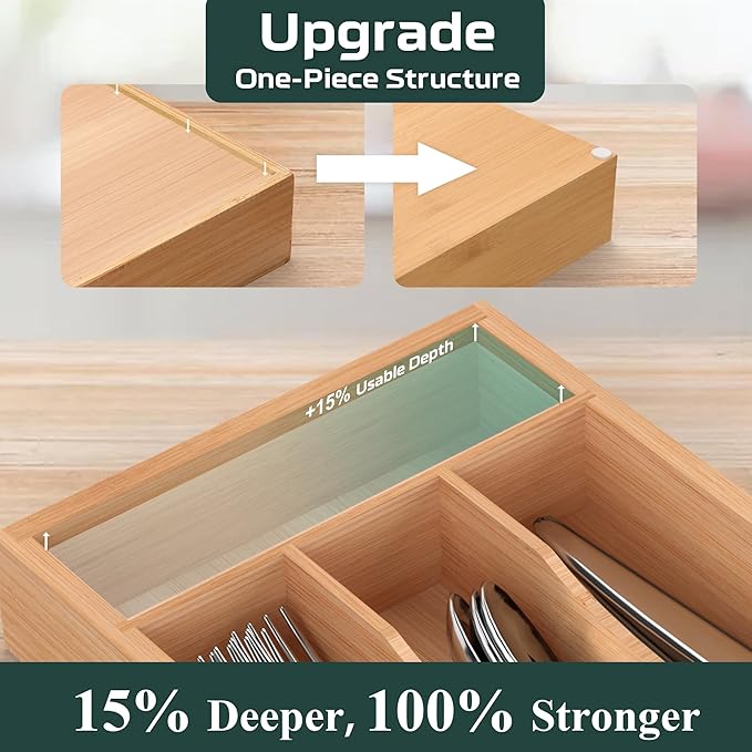 Small Silverware Organizer, Bamboo Kitchen Drawer Organizer, Utensil Holder, Cutlery Tray & Spoon Flatware Storage with Grooved Drawer Dividers