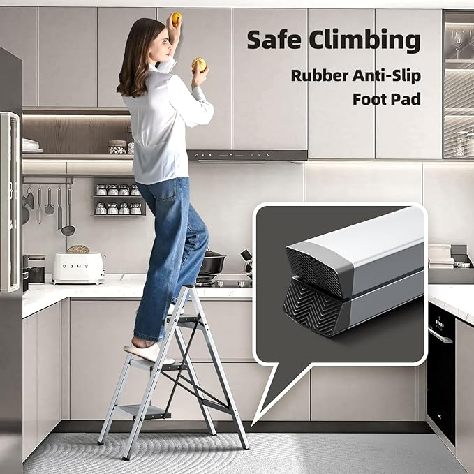 HillhutApex 3 Step Ladder, Lightweight Portable 3 Step Stool with Anti-Slip Wide Pedal,330lbs Capacity Aluminum Ladder for Household,Office,Library(Silver)