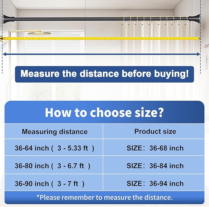 YNL Black Shower Curtain Rod 36-68 Inch(3-5.67ft), No Slip No Drill Stainless Steel Spring Tension Curtain Rod, No Rust Shower Rod Adjustable For Bathroom closet