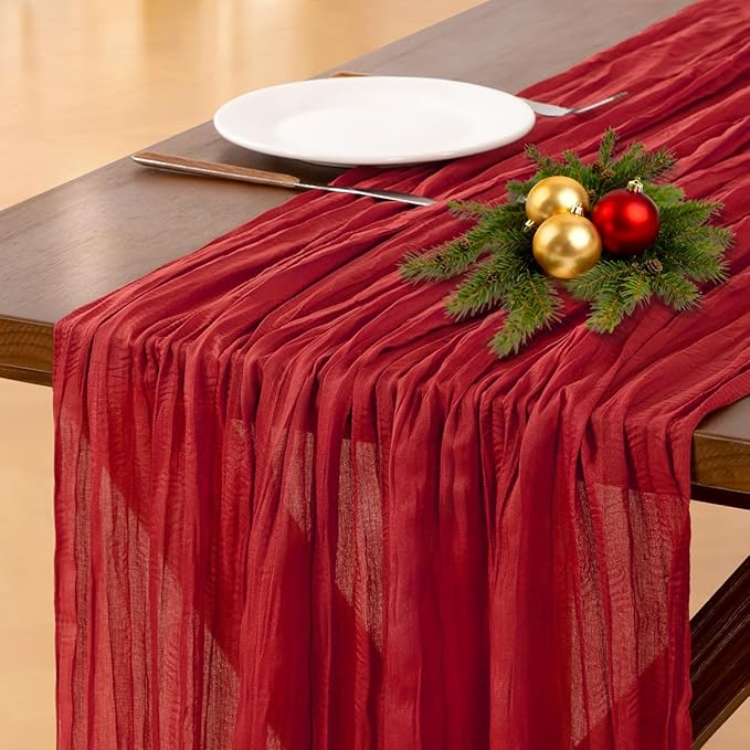 Socomi Red Cheesecloth Table Runner Summer Boho Rustic Gauze 120 inch 10FT Cheese Cloth Sheer Runner for Wedding Party Baby Shower Birthday Home Decor Holiday Decorations