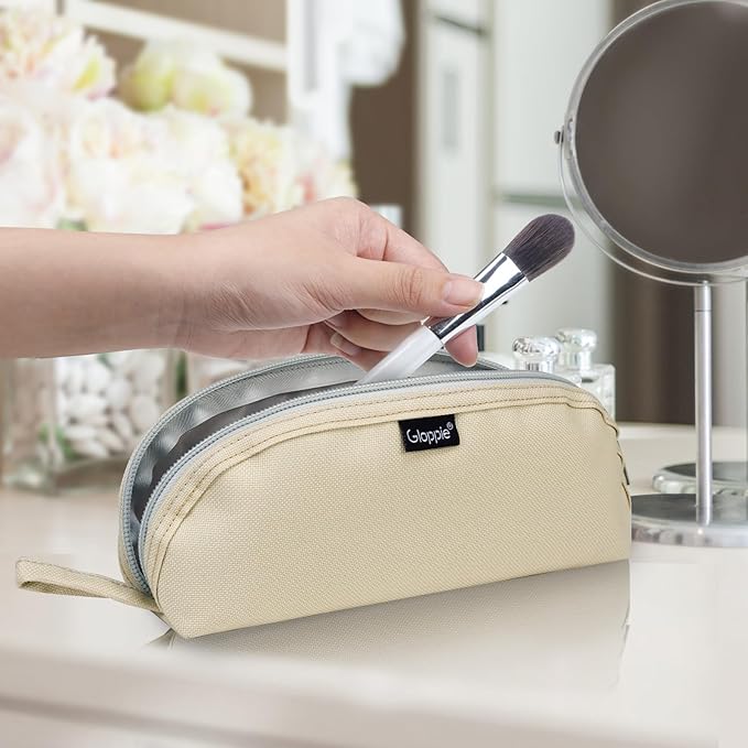 Gloppie Travel Makeup Brush Holder Portable Makeup Brush Traveling Case with Pouch - Small Cosmetic Pouch & Organizer for On-the-Go Beauty, Off White