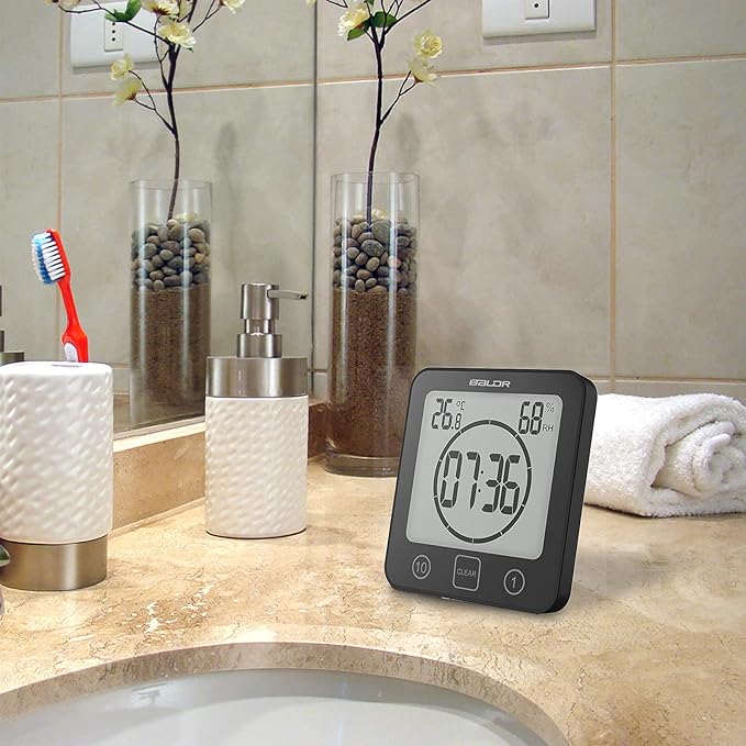 Digital Bathroom Shower LCD Wall Clock with Suction, Waterproof Temperature Humidity Gauge, Touch Screen Timer, Large Countdown Timer (Black)