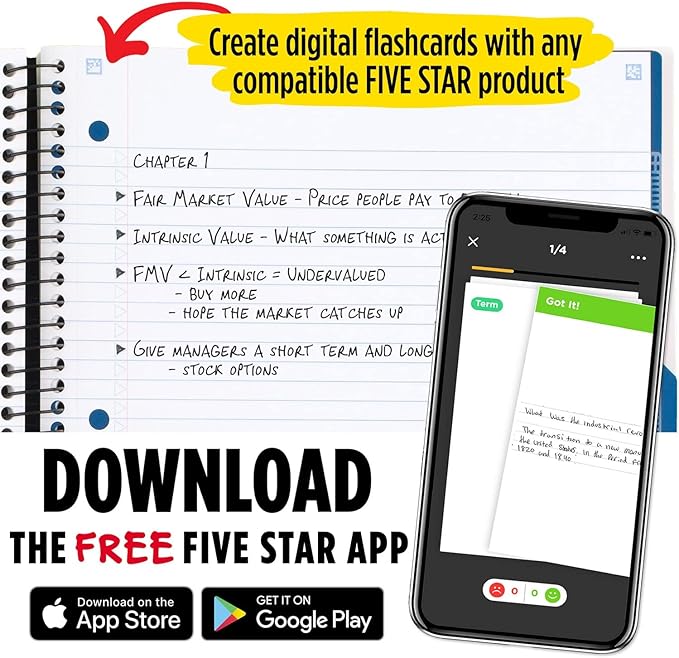 Five Star Advance Spiral Notebook + Study App, 5 Subject, College Ruled Paper, 8-1/2" x 11", 200 Sheets, Spiral Guard, Movable Tabbed Dividers, White (73154)