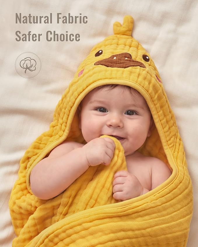 Blissful Diary Muslin Baby Hooded Towel 2 Pack, Soft & Absorbent Bath Towel for Infant, Toddler, Unisex, Baby Gift, Newborn Essentials, Smart Bear & Sunny Duck