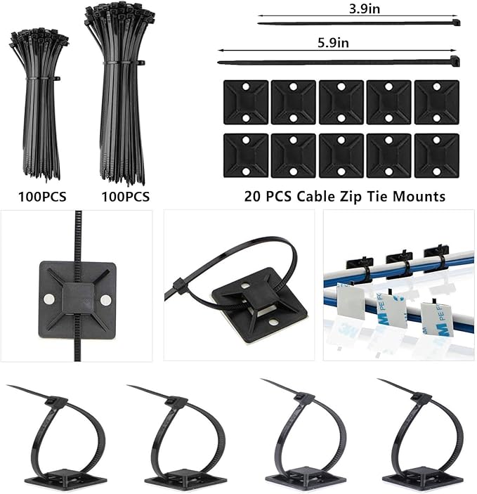 ELII 327PCS White Cable Management Kit: 4 Cable Sleeves, 65 Cable Clips with 13 Cord Holders, 20+5 Roll Cable Organizer Straps, 200 Fastening Cable Ties, 20 Cable Zip Tie Mounts for Computer (White)