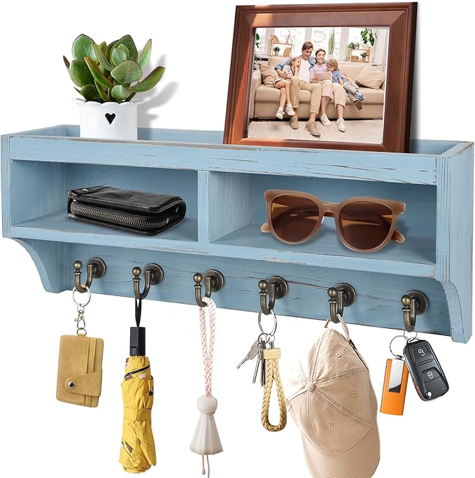 Key Holder Wall Mount - Mail Organizer Wall Mount with 6 Key Hooks and Storage Box for Sunglasses Storage and Dog Leash Holder Home Decor Rack Apartment Farmhouse Shelf Entryway Organizer (Blue)