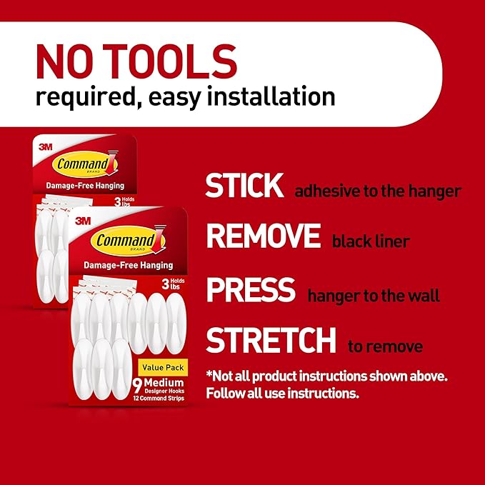 Command Medium Designer Hooks, Damage Free Hanging Wall Hooks with Adhesive Strips, No Tools Wall Hooks for Hanging Decorations in Living Spaces, 18 White Hooks and 24 Command Strips