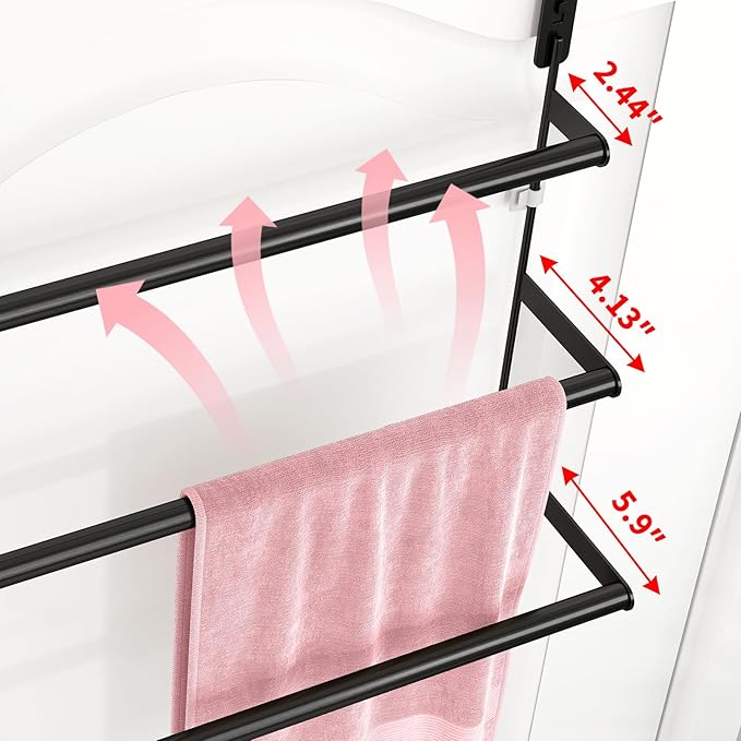 Over The Door Towel Rack, Towel Rack with Hooks for Door Hanging, Door Towel Bar, Over Door Towel Racks for Bathroom (Black)