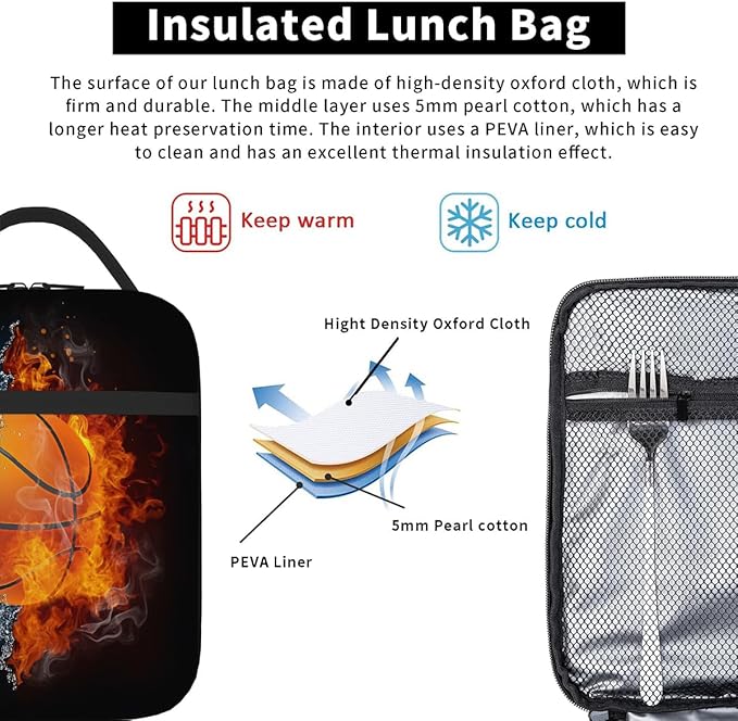 Pardick Basketball Balls Tote Lunch Box Insulated Lunch Bag Tote Cooler Freezable Meal Prep Bag Waterproof Leakproof Cooler Lunch Container For Picnic Office