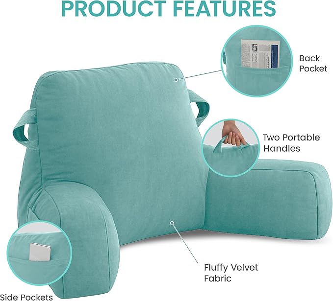 Portable Comfy Reading Pillows for Bed Sitting Up(Lake Blue Oeko-Tex), Velvet Back Pillow with Arms & Pockets for Adults, Support Memory Foam Bed Pillow for Dorm/Reading/Watching/Gaming