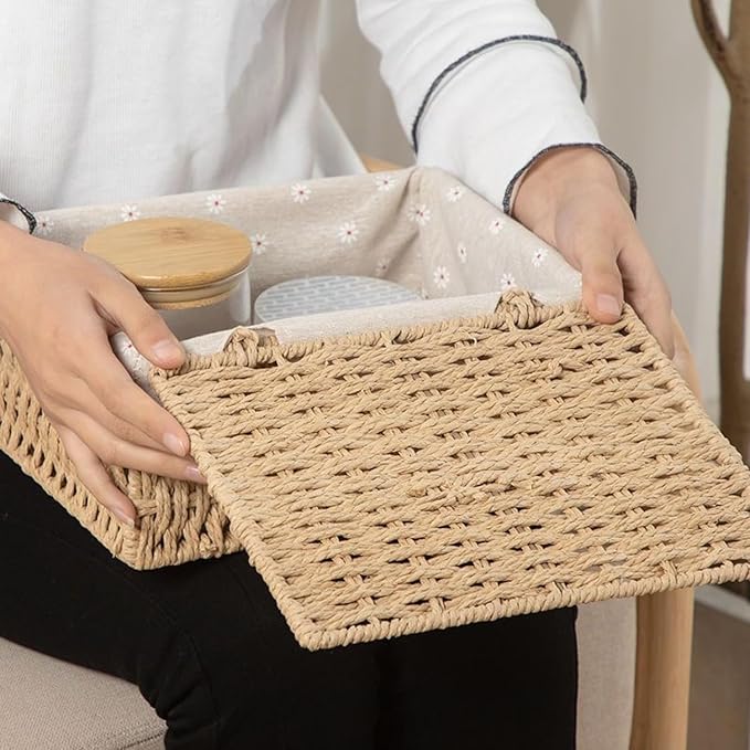 Small Wicker Basket with Lid Paper Rope Storage Baskets for Shelves Set of 3 Tampon Holder with Lid and Removable Liner for Bathroom Makeup Closet Drawer Desk Organizer (Khaki)