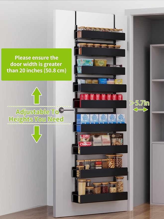 Over The Door Pantry Organizer - 9-Tier Hanging Spice Rack with Metal Shelving for Kitchen Pantry Organization and Storage, Black
