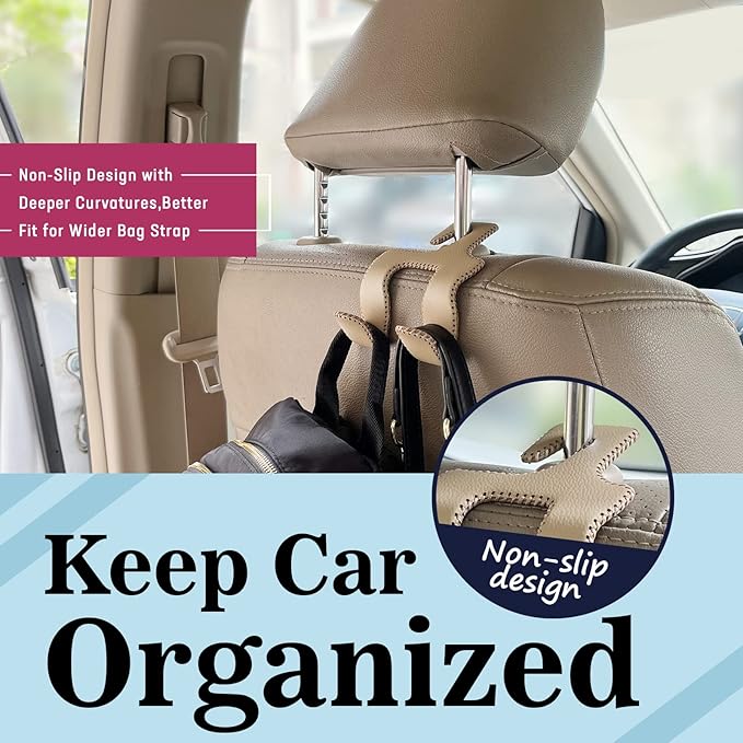 Upgraded Headrest Hooks for Purses and Bags, 2 in 1 Car Back Seat Head Rest Hanger Matching Cars Interior Genuine Leather Vehicle Storage Holder Hook, 1 Pack, Brown