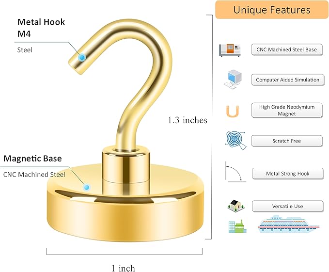 Neosmuk Magnetic Hooks, Heavy Duty 85lb+ Strong Magnet Hook for Cruise Cabins, Cruise Ship Essentials for Hanging, Metal Wall Refrigerator Hangers (Golden, 10 Pack)