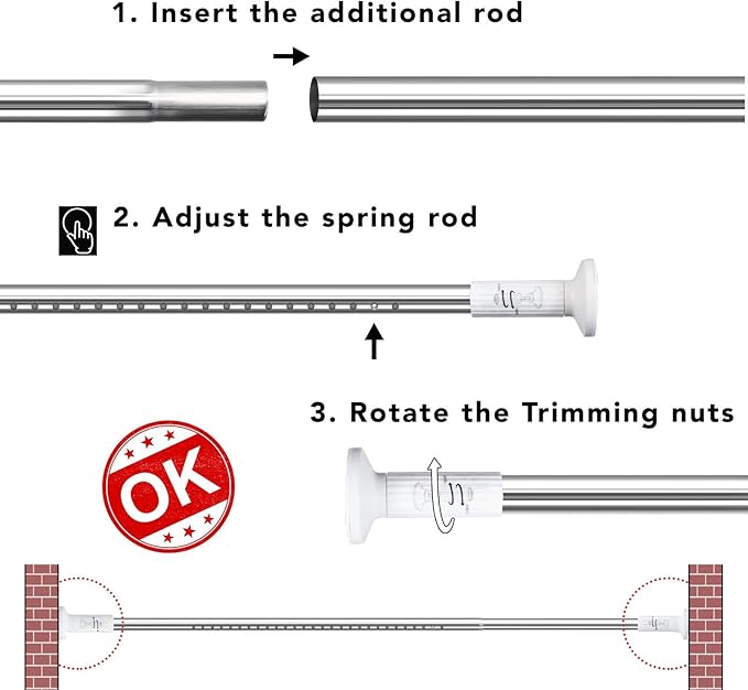 Umimile Tension Curtain Rod, 51-165 inches Adjustable Spring Shower Tension Curtain Rod, Stainless Steel Closet Rod for Windows or Shower, No Drilling, No Rust, Easy to Install