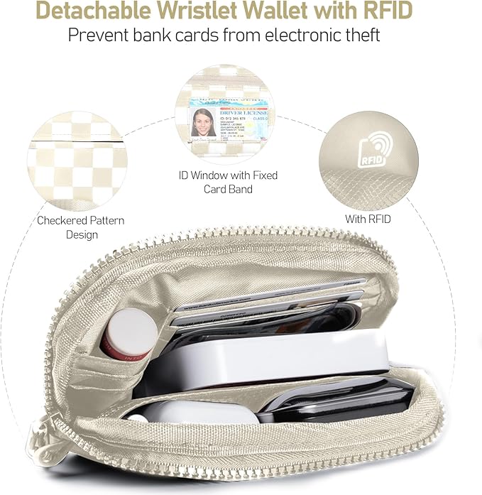 Clip and Go Strap for Phone with Wallet Crossbody Phone Lanyard and Detachable Checkered Bag with ID Window and RFID Pouch for Daily Travel.