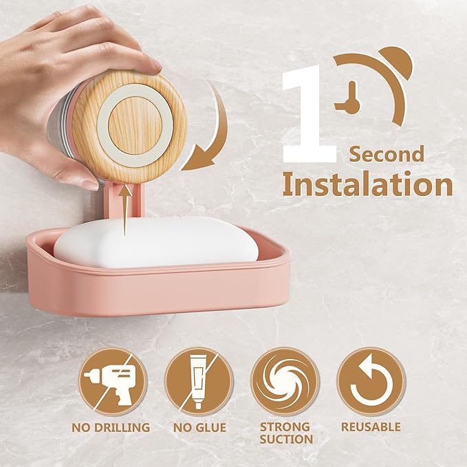 Double Layer Soap Dish for Shower 2 Pack, Wall Mounted Bar Soap Holder Suction Cup 2 Layer Self Draining Soap Case Sponge Holder for Shower Bathroom, Tub and Kitchen Sink, Pink