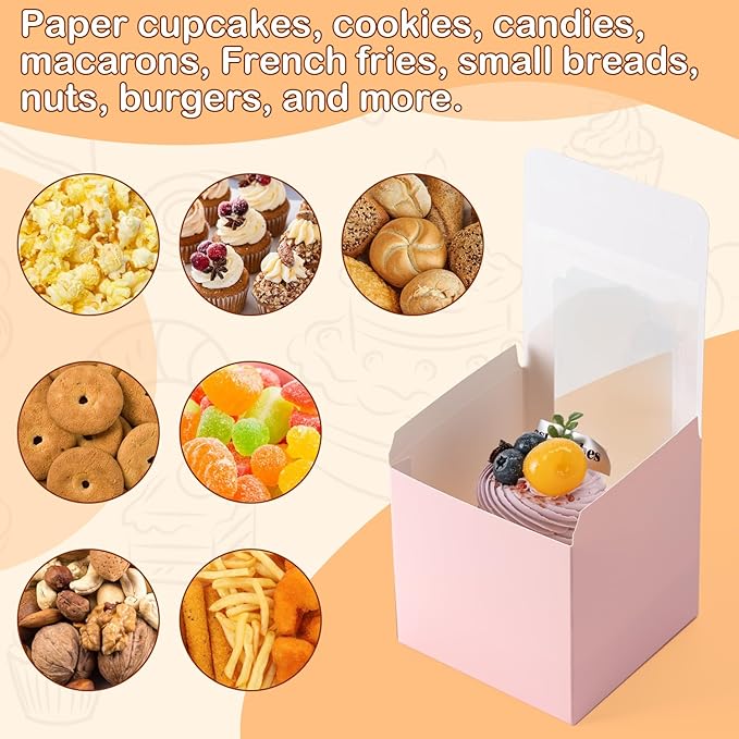 Hoewina 28PCS Cupcake Boxes, Individual Cupcake Containers with Window, Food Grade Cupcake Holders Carrier with Inserts, Stackable Deep Cake Box for Birthday Holiday Party Bakery Supplies (Pink)