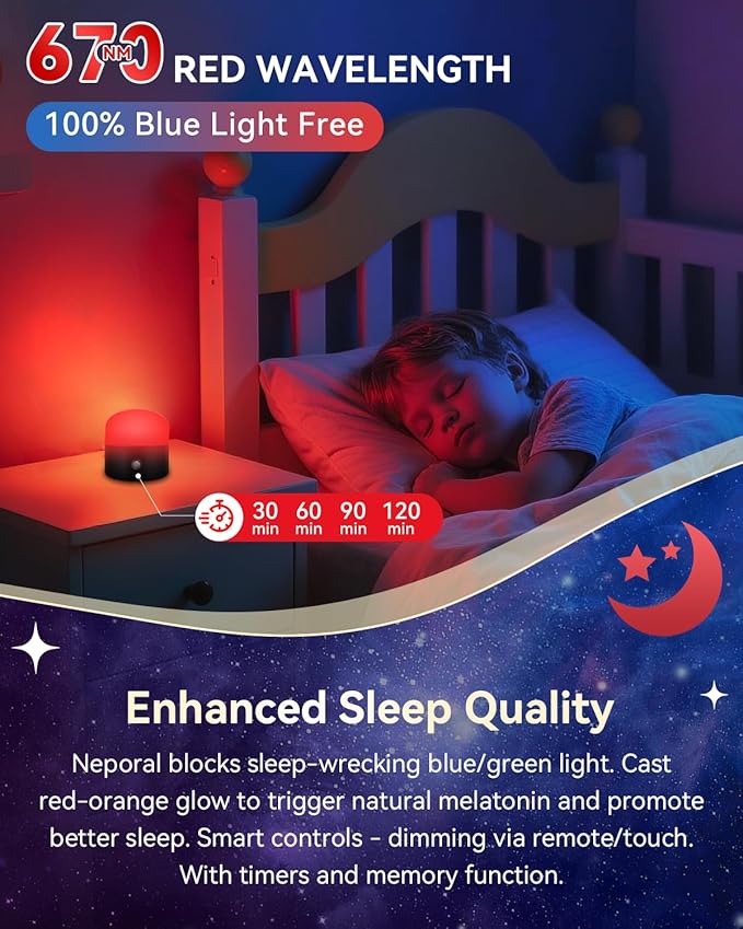 Neporal REDIX 670nm Red Light for Sleep, 100% Blue Light Blocking & Dimmable & 4-Timer & With Remote Red Light Lamp for Melatonin Promoting, Red Night Light for Sleep Aid, Bedroom,Baby Nursery,Reading