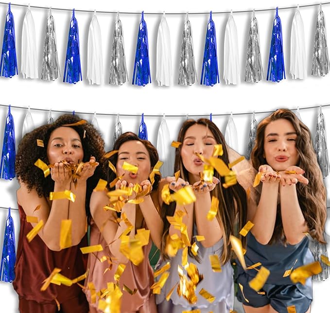 3P Metallic Fringe Tassel Banner Garland Foil Tinsel Streamer Wall Hanging Curtain Backdrop Banner for Parade Floats, Graduation Decorations, Retirement Party Decorations (Navy Blue White Silver)