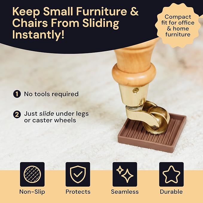 CasterMaster Non-Slip Furniture Pads - 2 in x 2 in Brown 4 Pack - Chair Leg Floor Protectors & Furniture Sliders for Hardwood, Vinyl & Tile Floors - Bed Stoppers