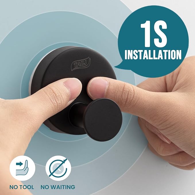 TAILI 304 Stainless Steel Bathroom Suction Hooks for Towel, Bathrobe, Loofah, Patented Strong Suction Cup Holder, No Damage Hanging Glass Shower Wall Hook, Classic Round, 2 Pack, Black