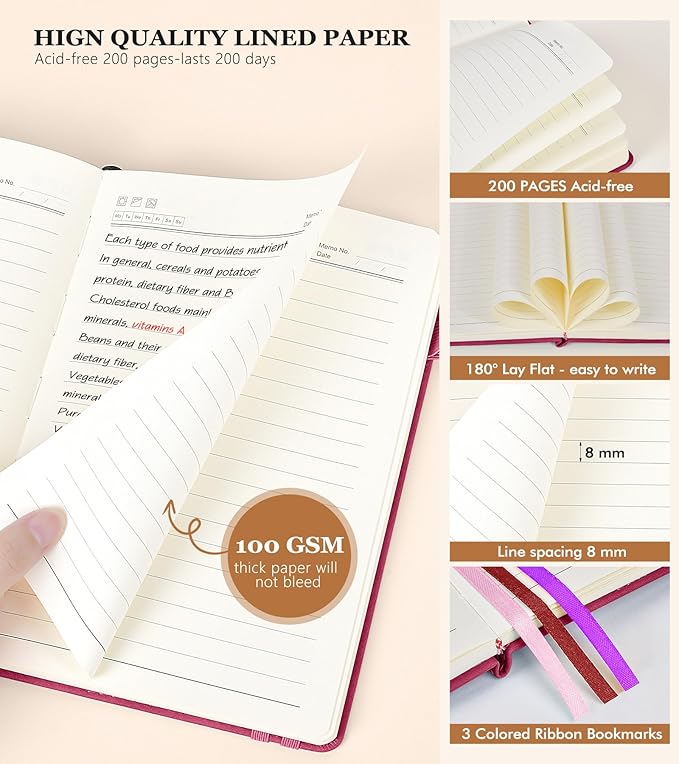 Lined Journal Notebook for Men & Women,200 Pages A5 Hardcover Leather Notebook (5.9"x8.5"), Travel Journal for Work, School, Business Writing, Note Taking, Notepad Diary (Burgundy)