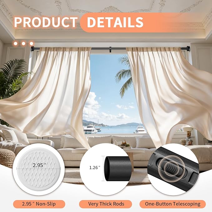 Tension Curtain Rod 39-157In-55Lb, Outdoor Extra Long Curtain Rod No Drilling for Window or Bathroom Patio, Adjustable Heavy Duty Shower Curtain Rod, Easy to Install, Never Rust, Non-Slip-Black