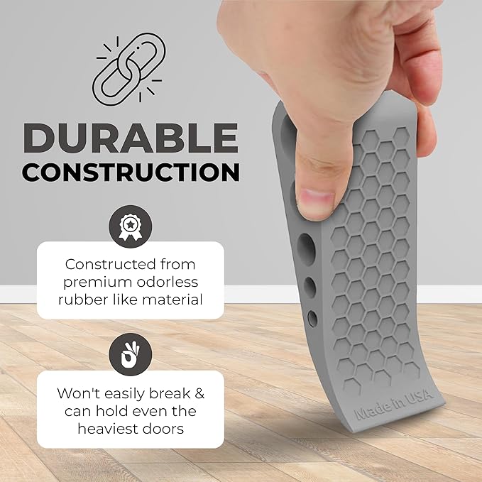 Door Stoppers for Bottom of Door Premium Floor Rubber Door Stop Wedge Made in USA Heavy Duty Honeycomb Design for Carpet, Tile, Ideal for Home, School, Commercial,Gray 3 Pack