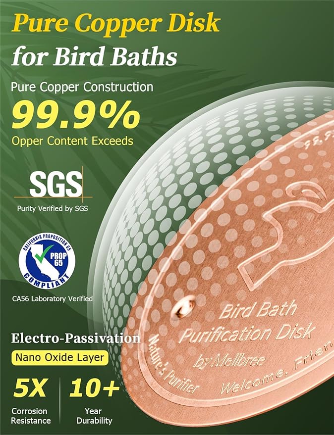 Mellbree 3-Pack Bird Bath Copper Disk, 0.6mm Reinforced 99.99% Pure Copper Cleaning Disk with Triple-Point Support for Physical Safe Clean Water All-Season