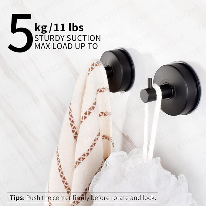 YOHOM Suction Cup Hooks Shower Towel Holder Stainless Steel Vacuum Bathroom Shower Hook Suction Towel Rack Kitchen Organizer for Bathrobe Loofah Matte Black 4Pcs