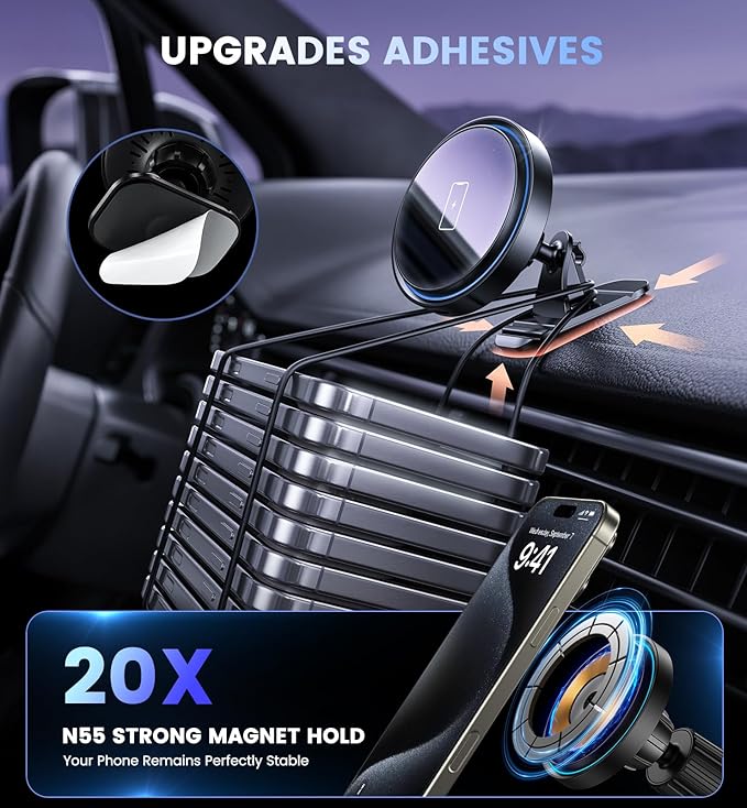 Mag-Safe Car Mount Charger 15W Magnetic Wireless Car Charger for iPhone 17 Accessories Magnetic Phone Holder for Car 3 in 1 Mag Safe Car Mount for iPhone17Pro/16/15/14/13/12 Series Gifts for Men Women
