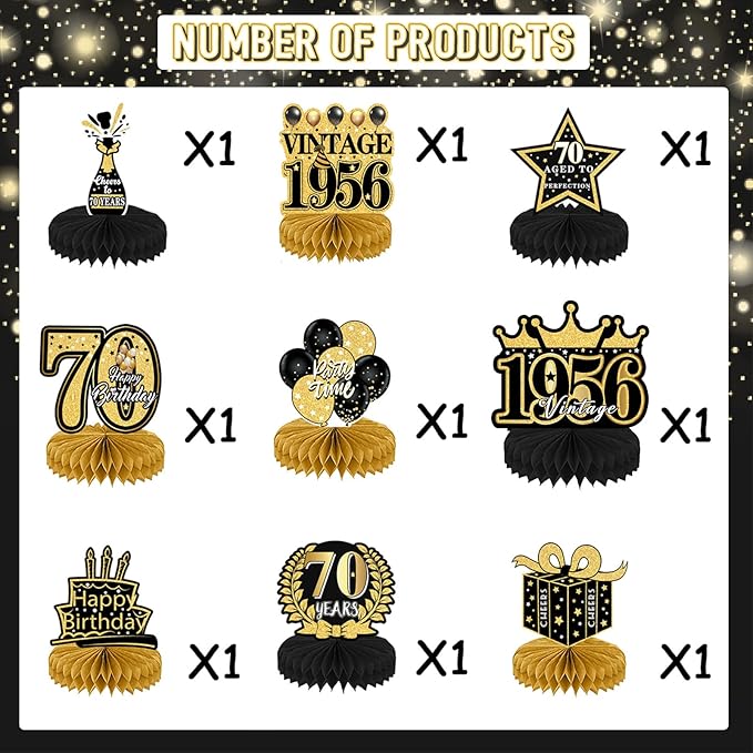 Refavor 70th Birthday Decorations Men, Happy Vintage 70 Years Old Honeycomb Centerpieces Party Decor for Women, 9pcs Cheer Black Gold Table Supples